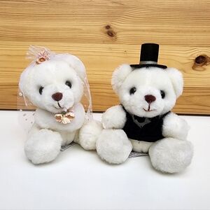 Vintage RUSS BRIDE AND GROOM WEDDING BEARS Small 4” Plush  #323 SET Korea